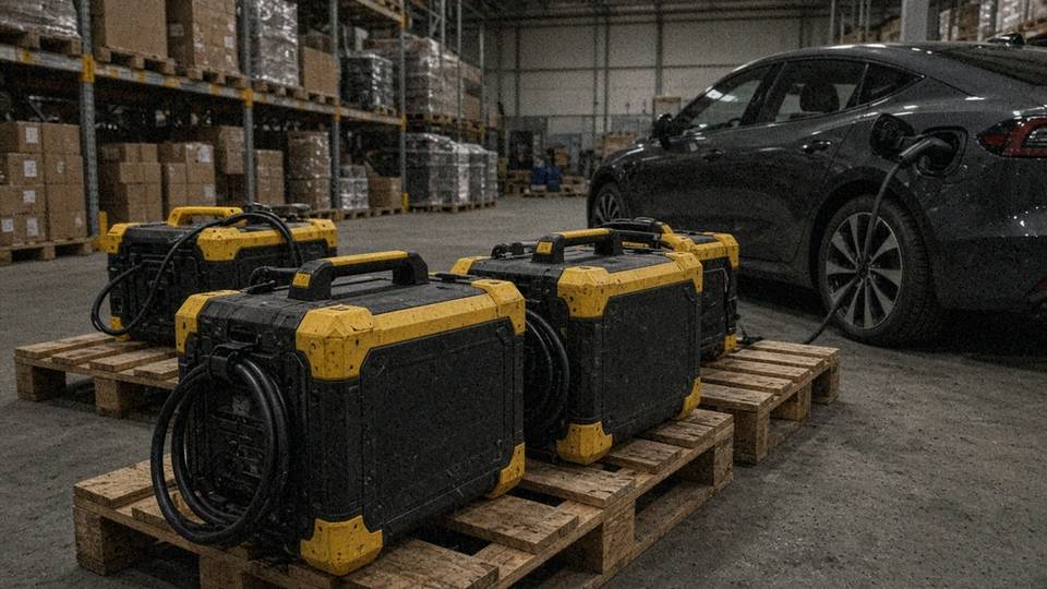 Portable EV power banks on pallets in a warehouse, one charging an electric car